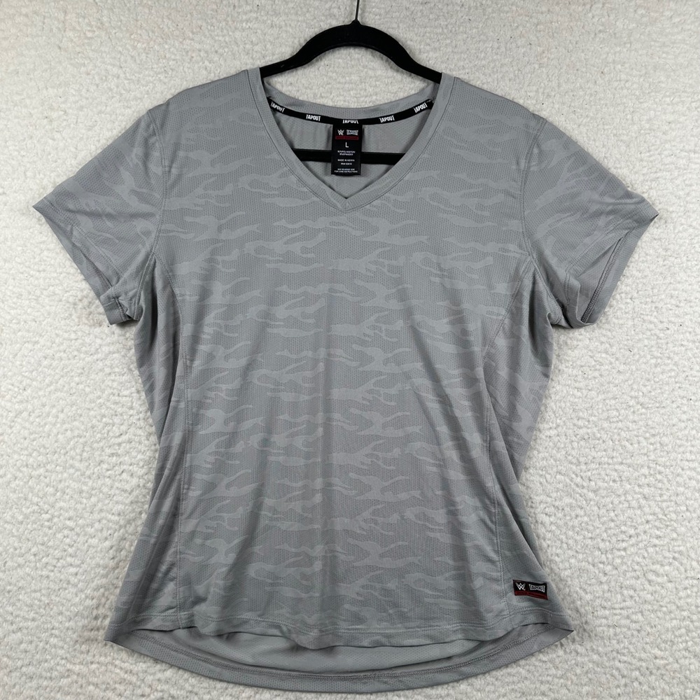 Tapout WWE Activewear Top Womens V-Neck Camo Mesh Performance Shirt L Gray Gym